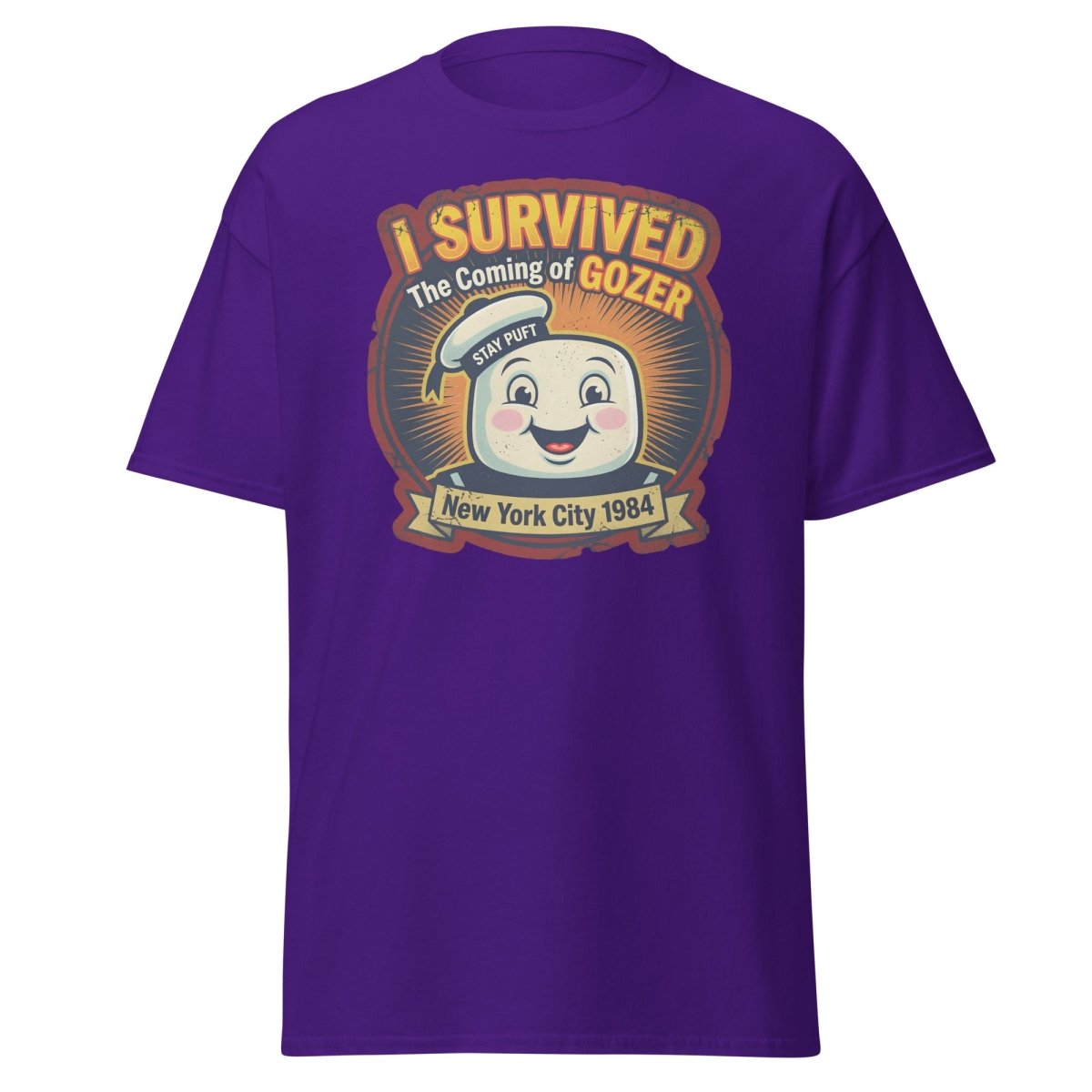 I Survived The Coming of Gozer Ghostbusters Stay Puft T-Shirt - Purple - TeeRipple
