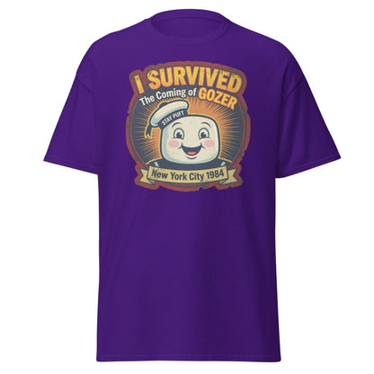 I Survived The Coming of Gozer Ghostbusters Stay Puft T-Shirt - Purple - TeeRipple