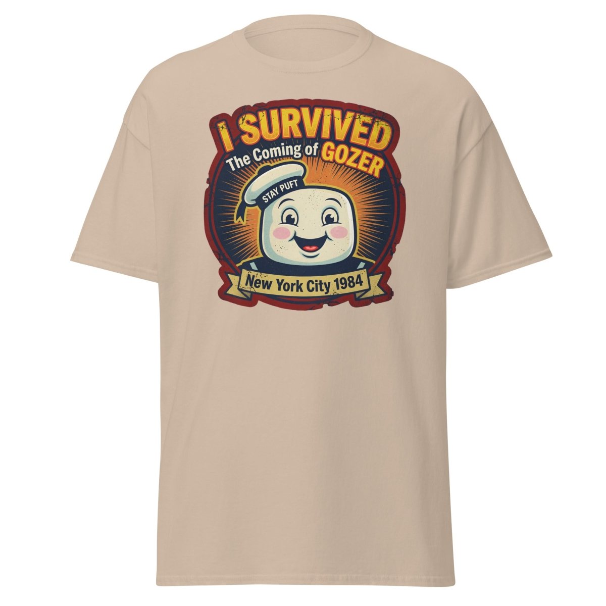 I Survived The Coming of Gozer Ghostbusters Stay Puft T-Shirt - Sand - TeeRipple
