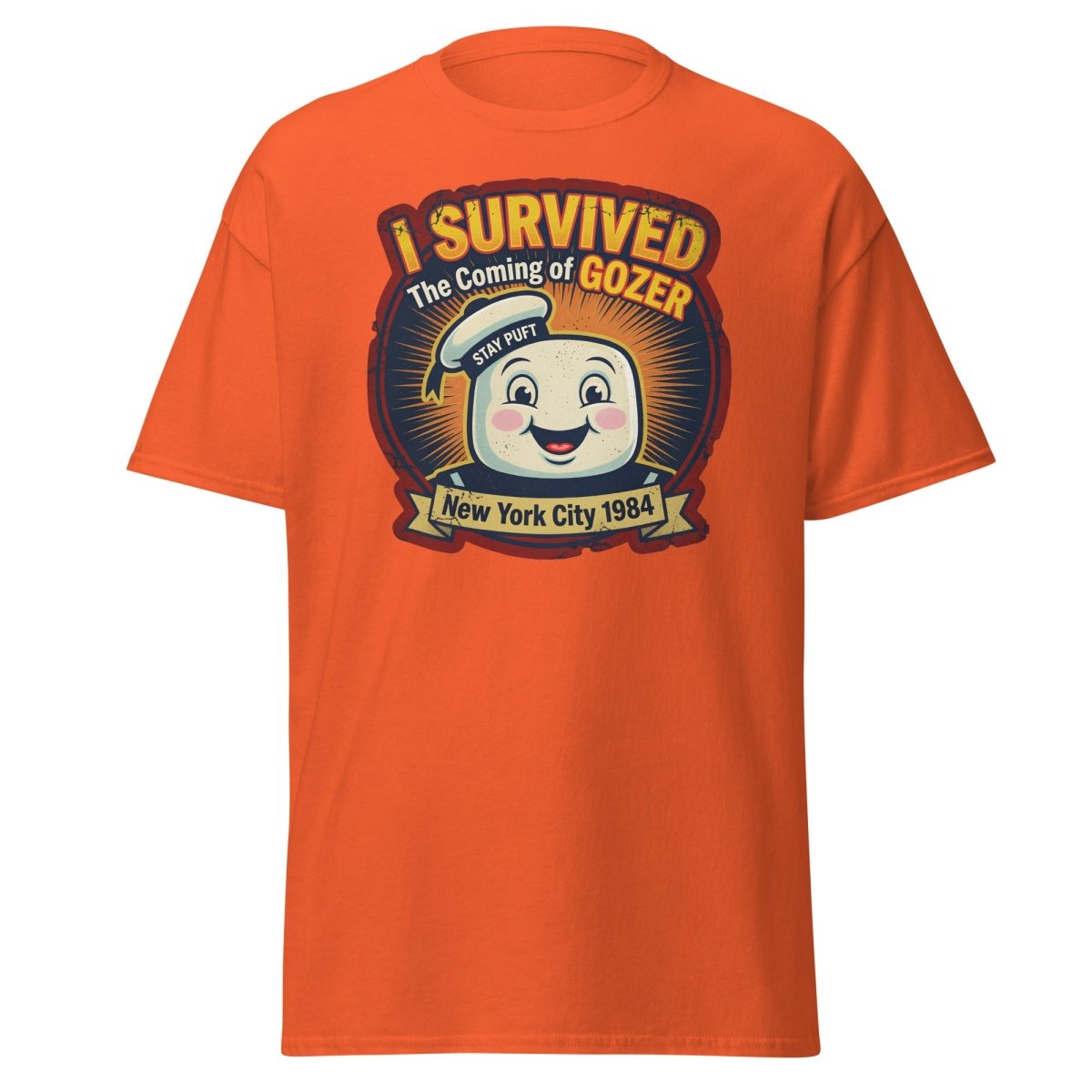 I Survived The Coming of Gozer Ghostbusters Stay Puft T-Shirt - Orange - TeeRipple