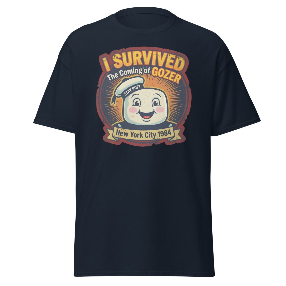 I Survived The Coming of Gozer Ghostbusters Stay Puft T-Shirt - Navy - TeeRipple