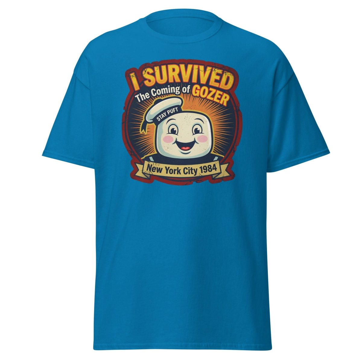 I Survived The Coming of Gozer Ghostbusters Stay Puft T-Shirt - Sapphire - TeeRipple