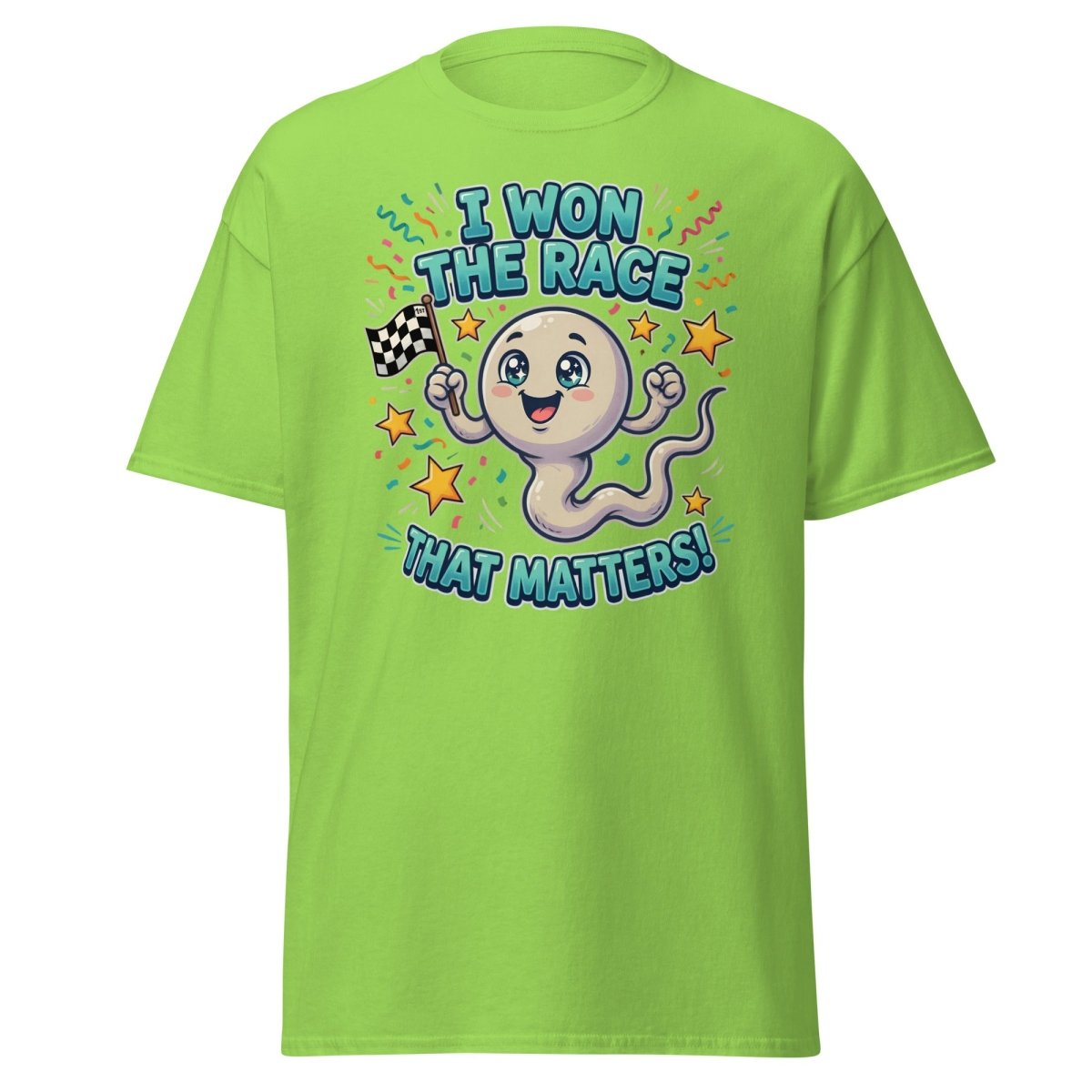 I Won The Race That Matters Funny Sperm T-Shirt - Lime - TeeRipple