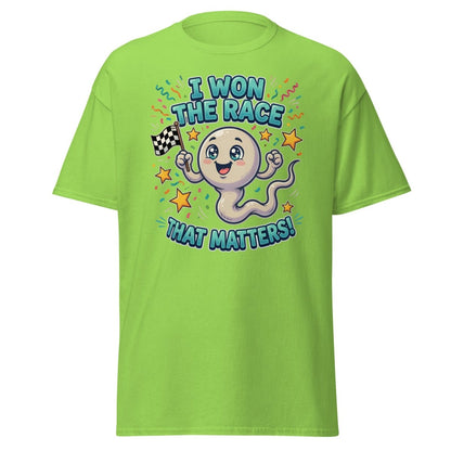I Won The Race That Matters Funny Sperm T-Shirt - Lime - TeeRipple