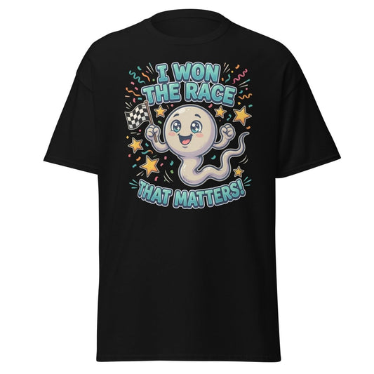 I Won The Race That Matters Funny Sperm T-Shirt - Black - TeeRipple