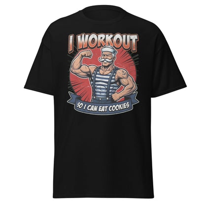 I Workout So I Can Eat Cookies Funny Sailor T-Shirt - Black - TeeRipple