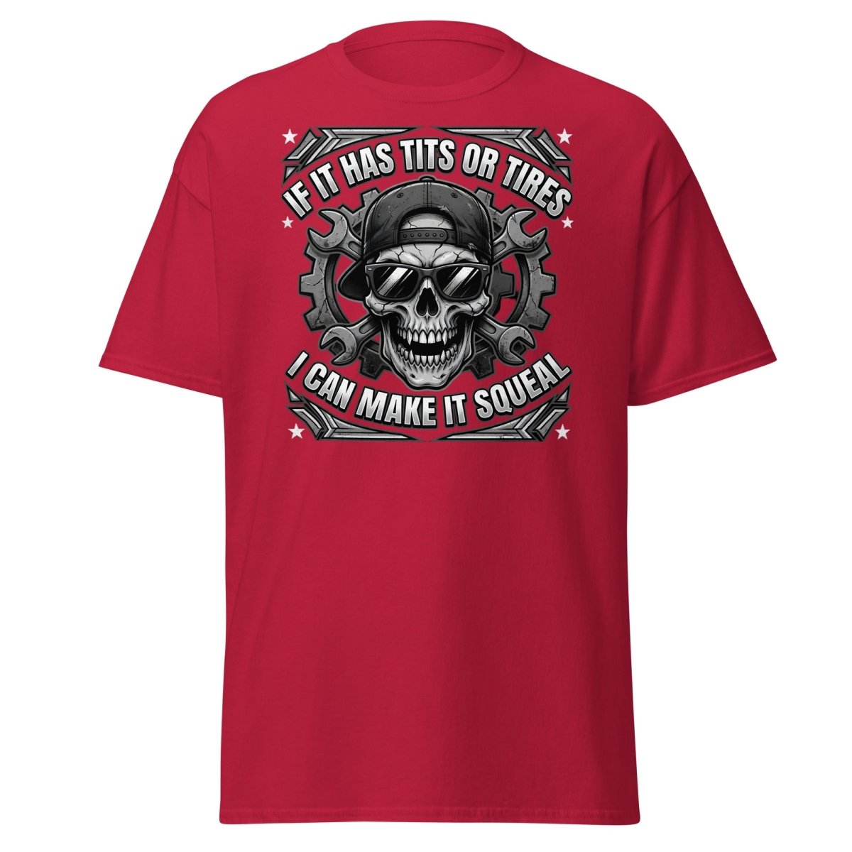If It Has Tits or Tires T-Shirt - Mechanic Skull Tee - Cardinal - TeeRipple