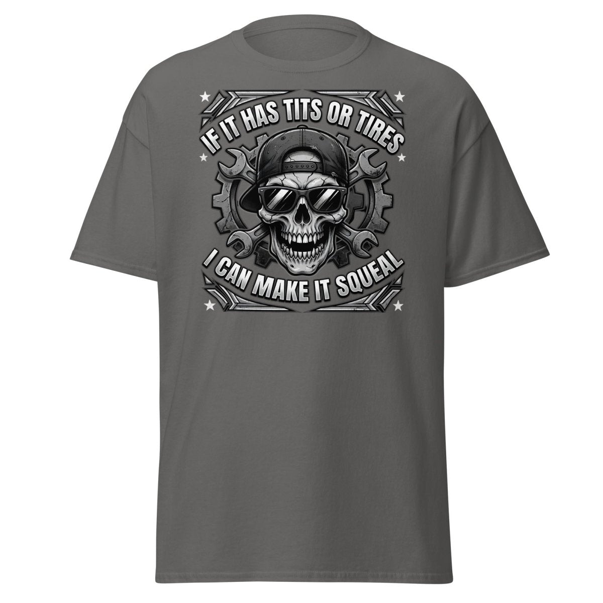 If It Has Tits or Tires T-Shirt - Mechanic Skull Tee - Charcoal - TeeRipple