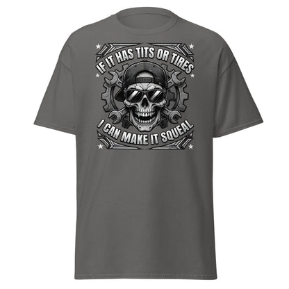 If It Has Tits or Tires T-Shirt - Mechanic Skull Tee - Charcoal - TeeRipple