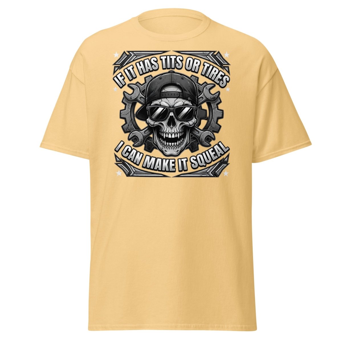 If It Has Tits or Tires T-Shirt - Mechanic Skull Tee - Yellow Haze - TeeRipple