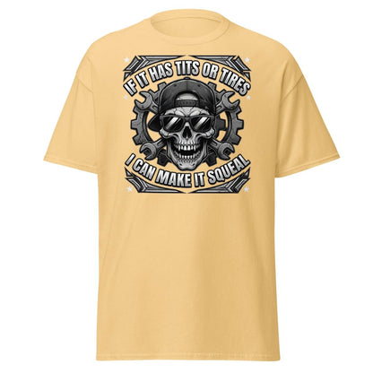 If It Has Tits or Tires T-Shirt - Mechanic Skull Tee - Yellow Haze - TeeRipple