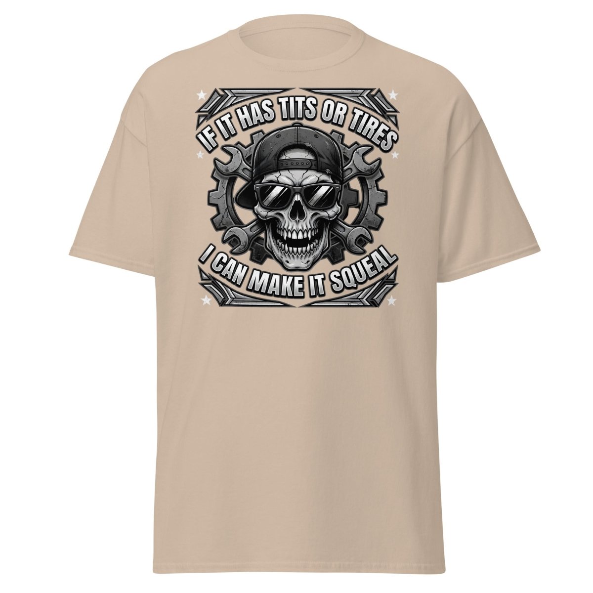 If It Has Tits or Tires T-Shirt - Mechanic Skull Tee - Sand - TeeRipple