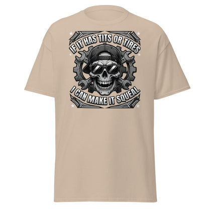 If It Has Tits or Tires T-Shirt - Mechanic Skull Tee - Sand - TeeRipple