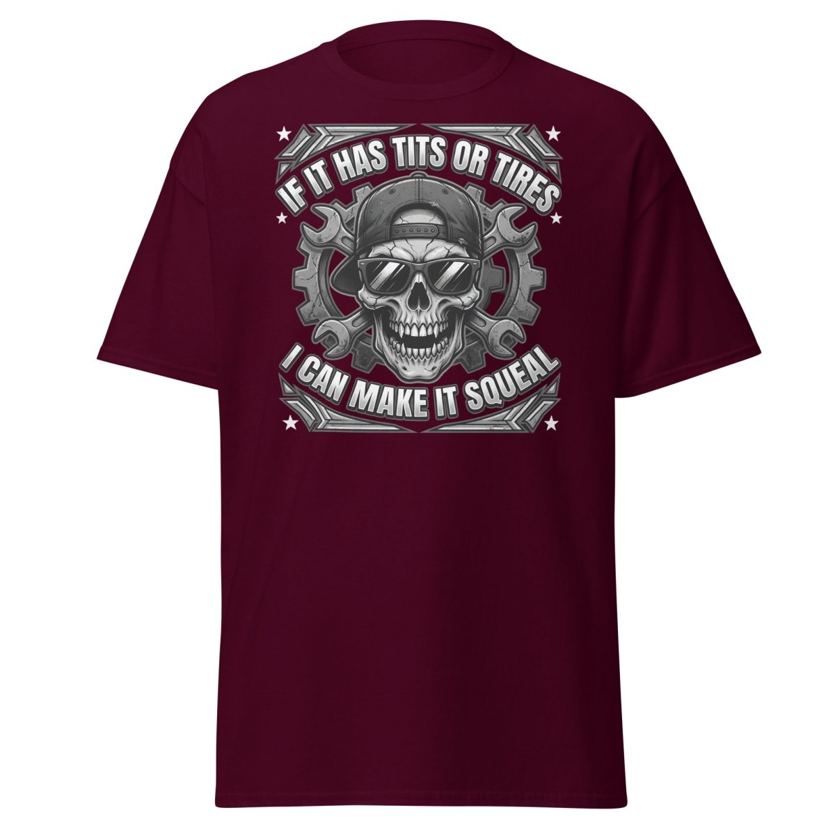 If It Has Tits or Tires T-Shirt - Mechanic Skull Tee - Maroon - TeeRipple
