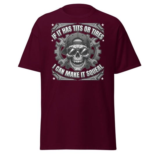If It Has Tits or Tires T-Shirt - Mechanic Skull Tee - Maroon - TeeRipple