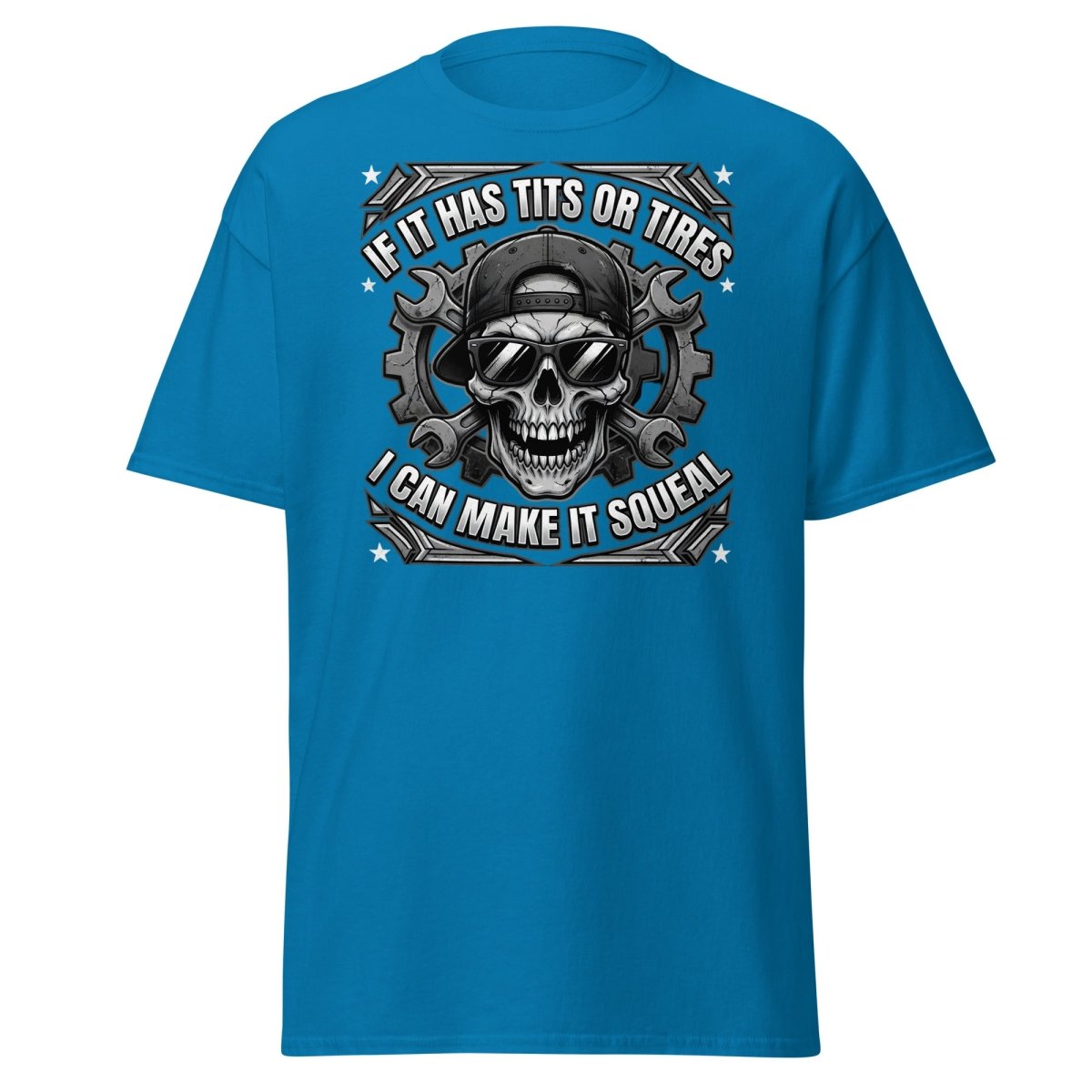 If It Has Tits or Tires T-Shirt - Mechanic Skull Tee - Sapphire - TeeRipple
