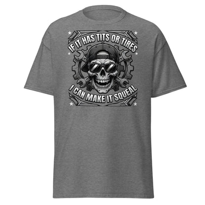 If It Has Tits or Tires T-Shirt - Mechanic Skull Tee - Graphite Heather - TeeRipple