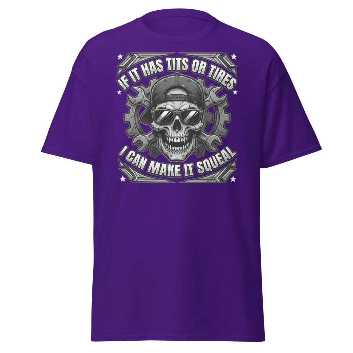 If It Has Tits or Tires T-Shirt - Mechanic Skull Tee - Purple - TeeRipple