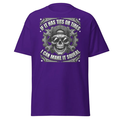 If It Has Tits or Tires T-Shirt - Mechanic Skull Tee - Purple - TeeRipple