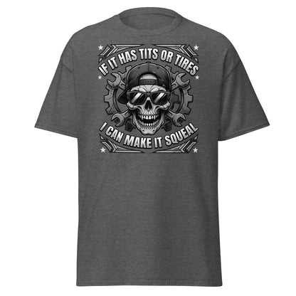 If It Has Tits or Tires T-Shirt - Mechanic Skull Tee - Dark Heather - TeeRipple