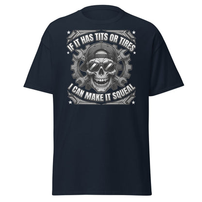If It Has Tits or Tires T-Shirt - Mechanic Skull Tee - Navy - TeeRipple