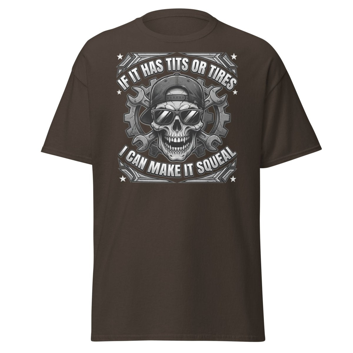If It Has Tits or Tires T-Shirt - Mechanic Skull Tee - Dark Chocolate - TeeRipple