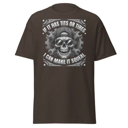 If It Has Tits or Tires T-Shirt - Mechanic Skull Tee - Dark Chocolate - TeeRipple