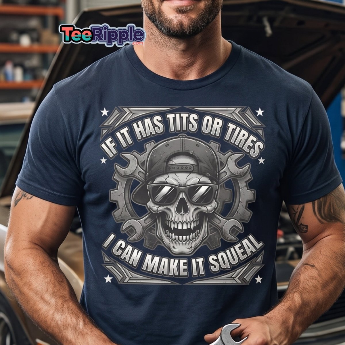 If It Has Tits or Tires T-Shirt - Mechanic Skull Tee - Maroon - TeeRipple