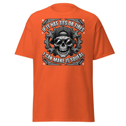If It Has Tits or Tires T-Shirt - Mechanic Skull Tee - Orange - TeeRipple
