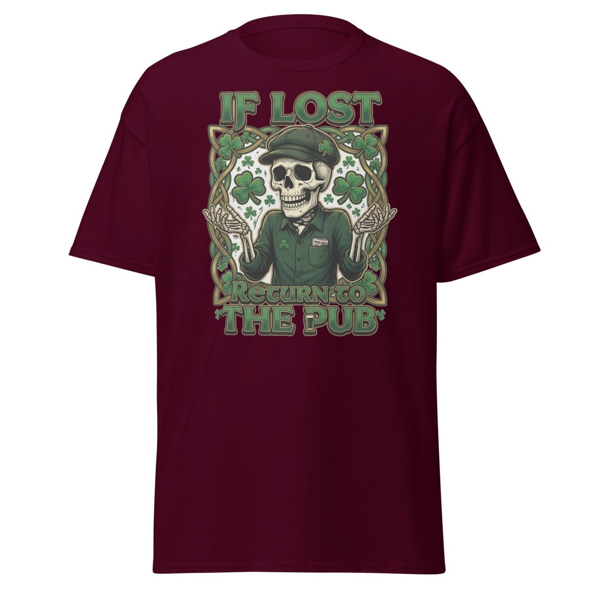If Lost Return to the Pub Skeleton T-Shirt - Maroon - TeeRipple