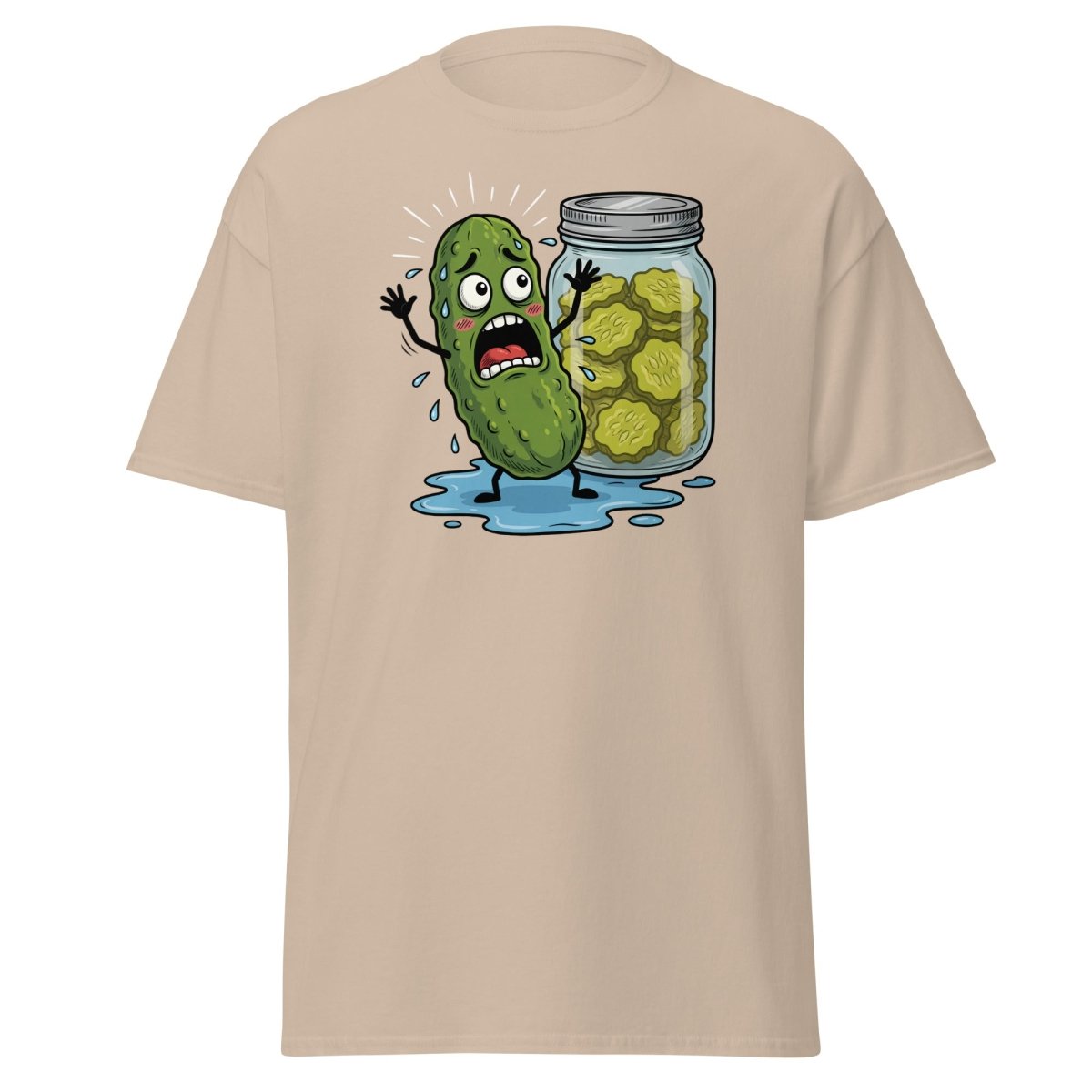In a Pickle Funny T-Shirt – Panicked Pickle Cartoon Tee - Sand - TeeRipple