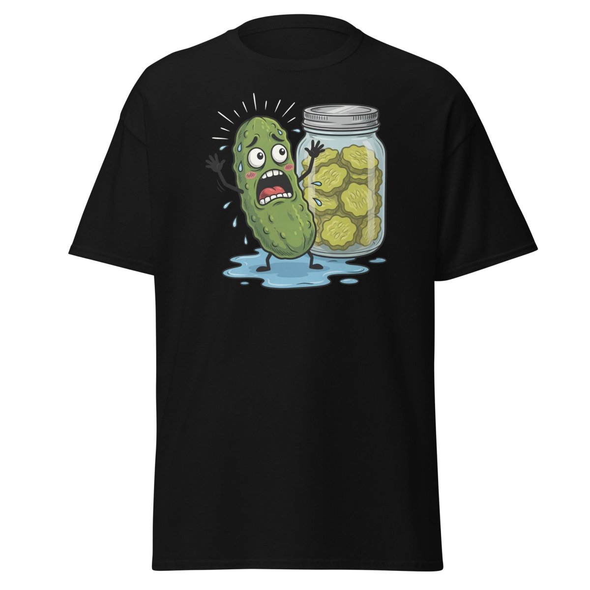 In a Pickle Funny T-Shirt – Panicked Pickle Cartoon Tee - Black - TeeRipple
