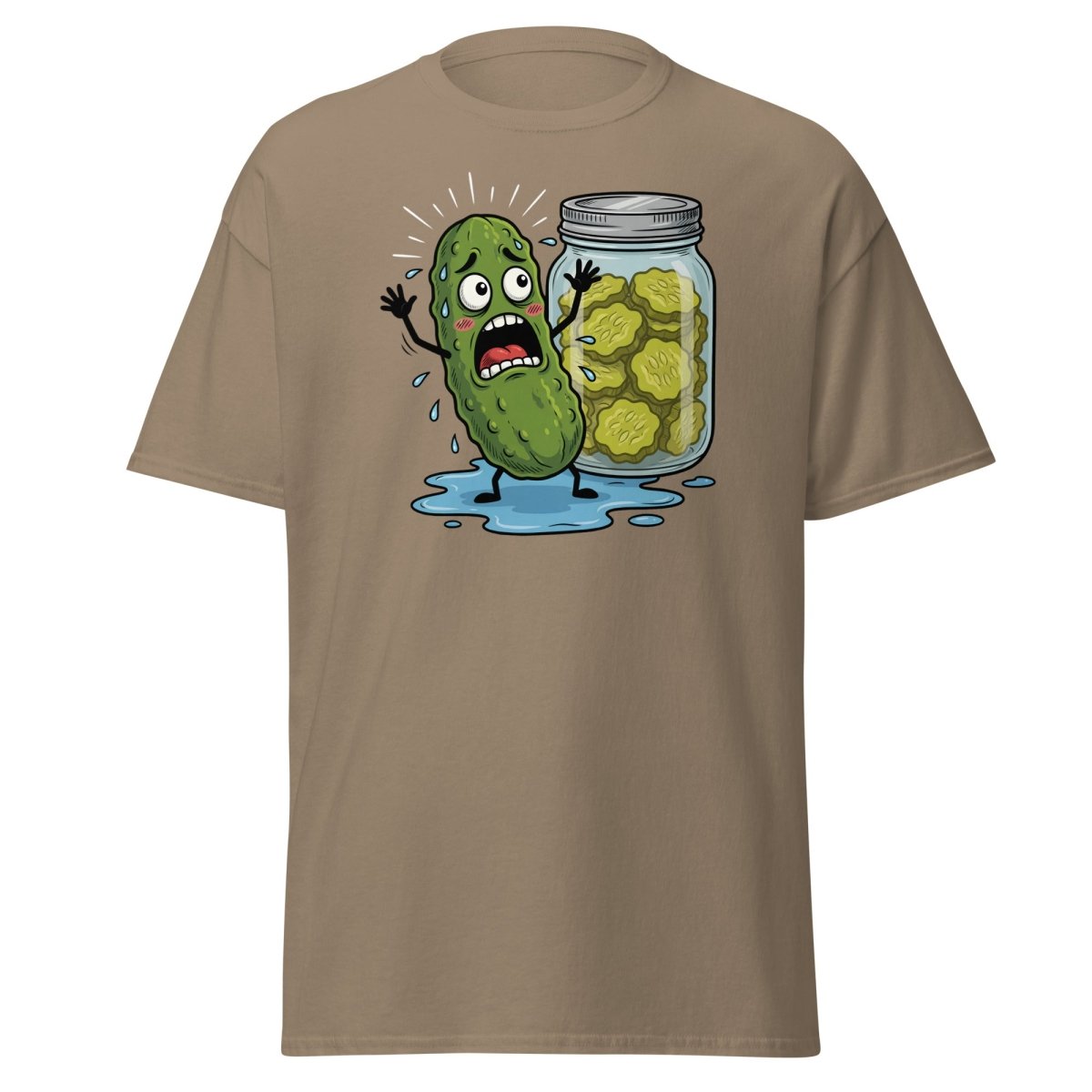 In a Pickle Funny T-Shirt – Panicked Pickle Cartoon Tee - Brown Savana - TeeRipple
