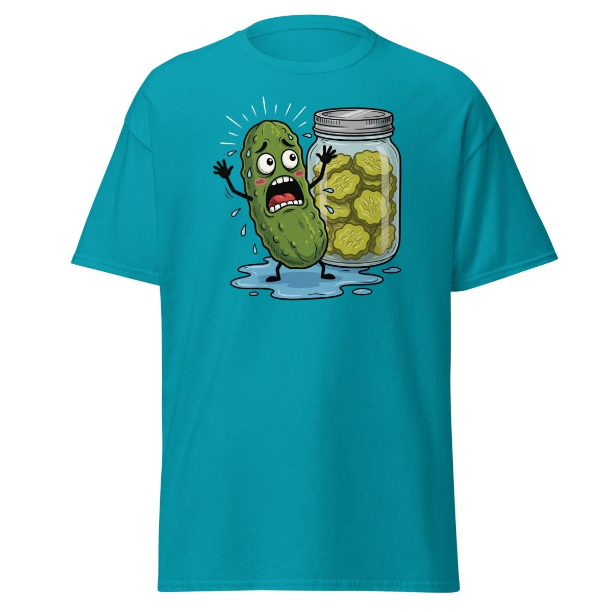 In a Pickle Funny T-Shirt – Panicked Pickle Cartoon Tee - Tropical Blue - TeeRipple