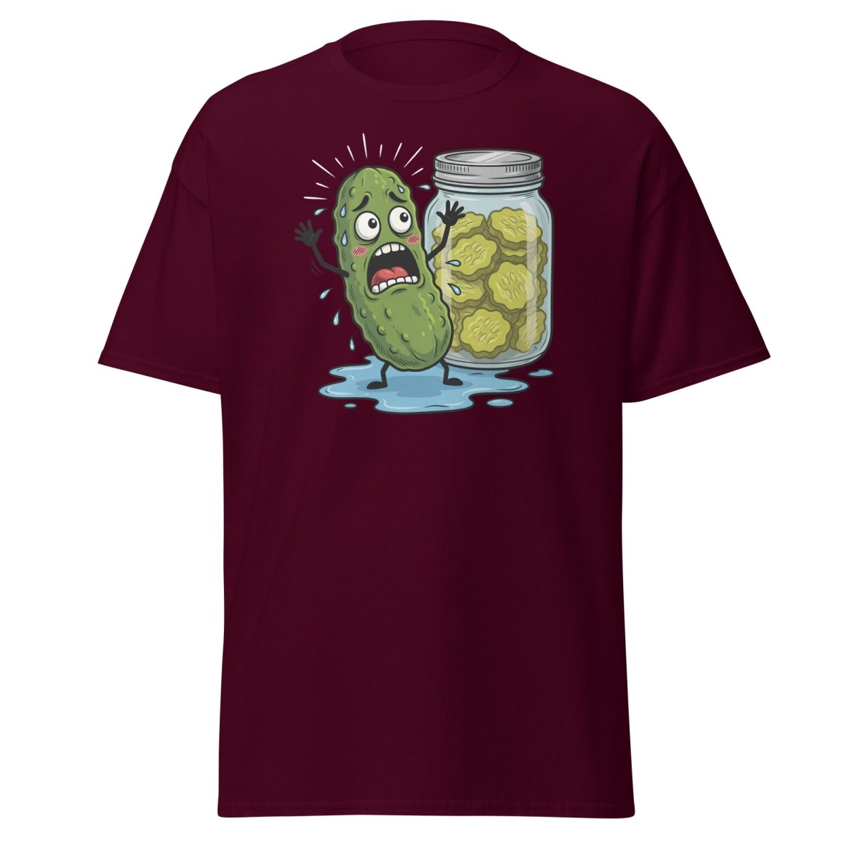 In a Pickle Funny T-Shirt – Panicked Pickle Cartoon Tee - Maroon - TeeRipple