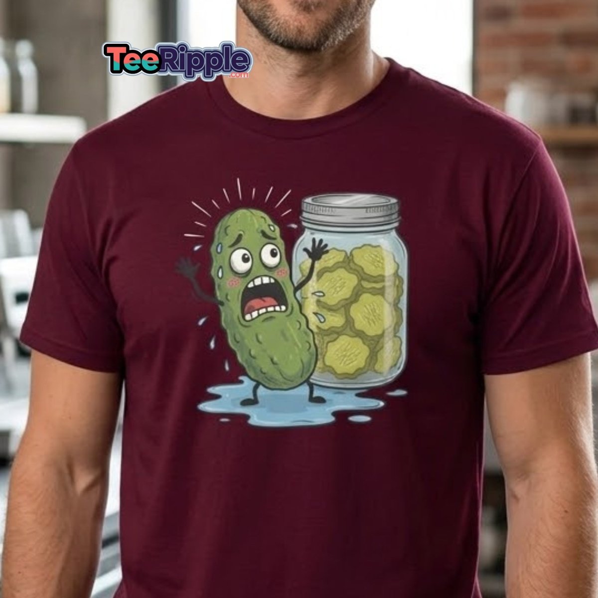 In a Pickle Funny T-Shirt – Panicked Pickle Cartoon Tee - Maroon - TeeRipple