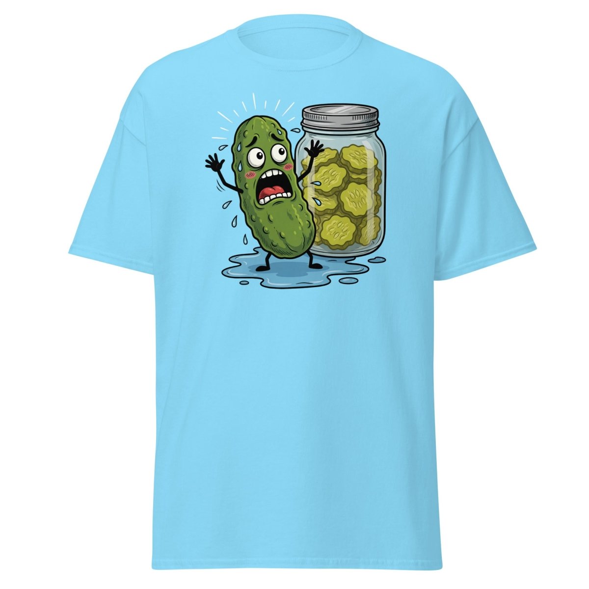 In a Pickle Funny T-Shirt – Panicked Pickle Cartoon Tee - Sky - TeeRipple