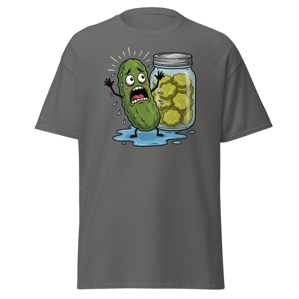 In a Pickle Funny T-Shirt – Panicked Pickle Cartoon Tee - Charcoal - TeeRipple