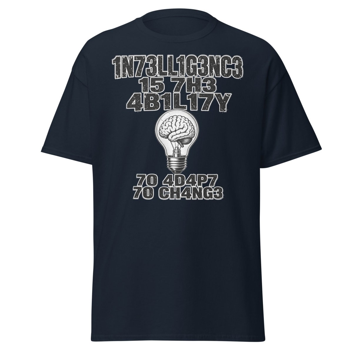Intelligence Adapt to Change Leetspeak Brain T-Shirt - Navy - TeeRipple