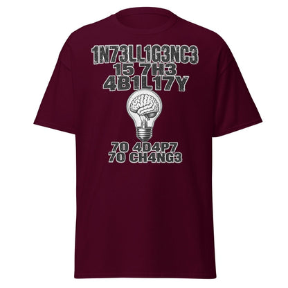 Intelligence Adapt to Change Leetspeak Brain T-Shirt - Maroon - TeeRipple