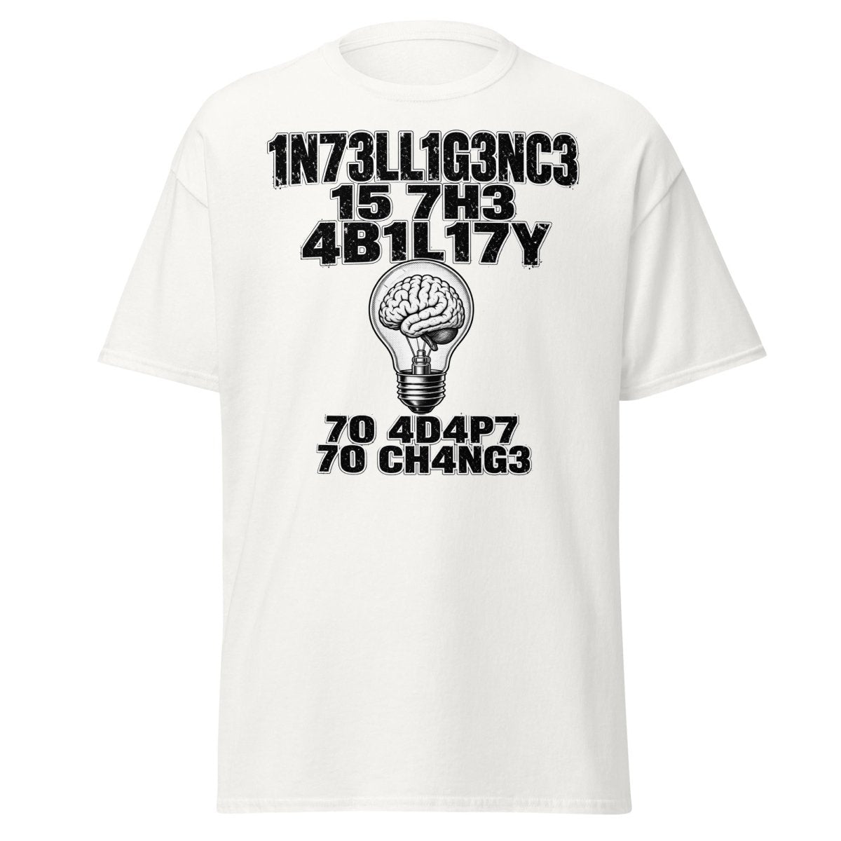 Intelligence Adapt to Change Leetspeak Brain T-Shirt - White - TeeRipple