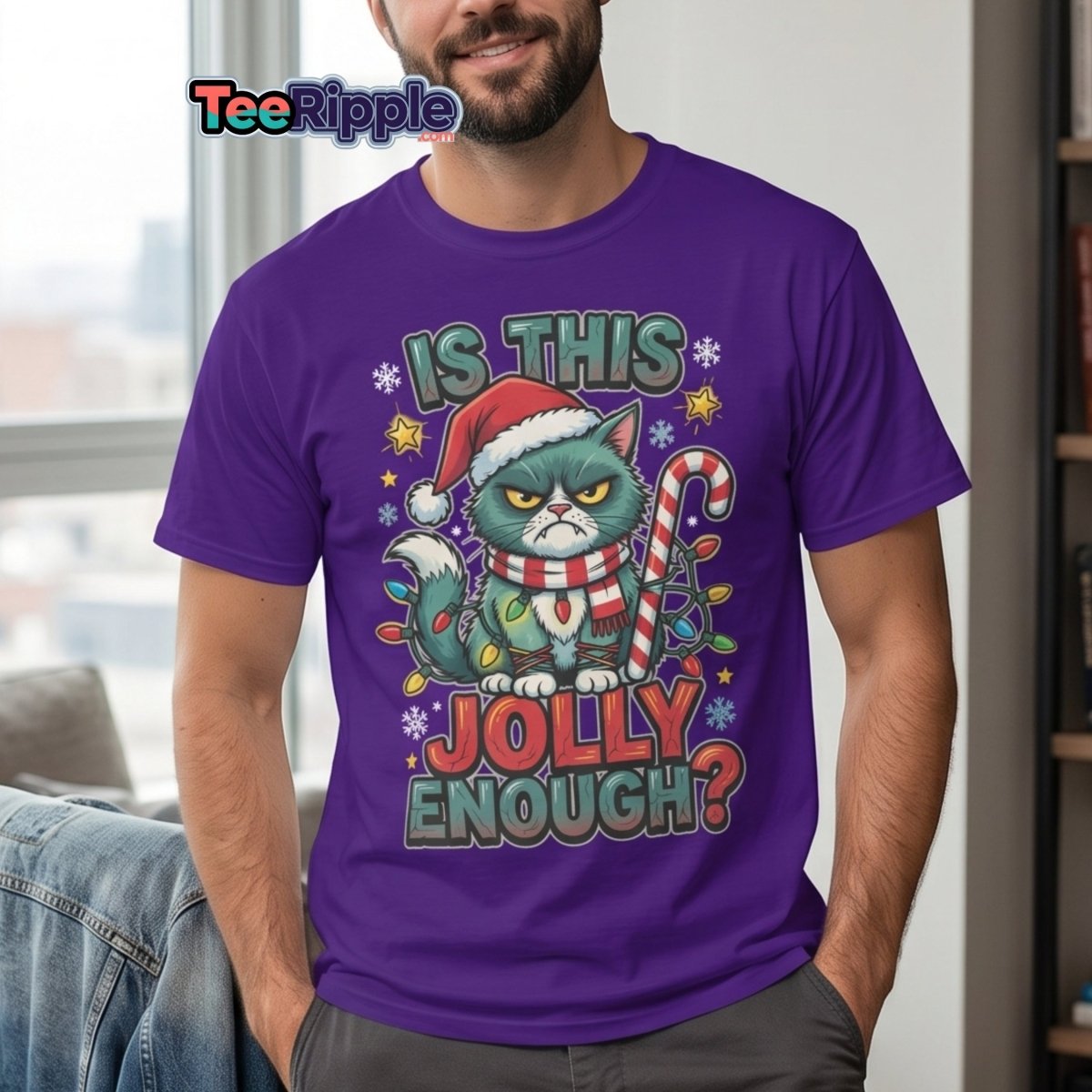 Is This Jolly Enough? Grumpy Cat Christmas T-Shirt - Maroon - TeeRipple
