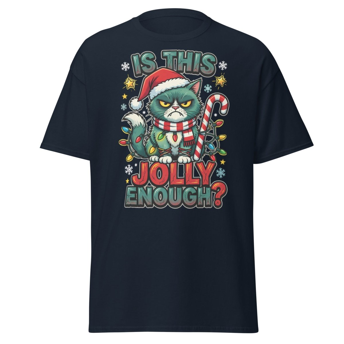 Is This Jolly Enough? Grumpy Cat Christmas T-Shirt - Navy - TeeRipple