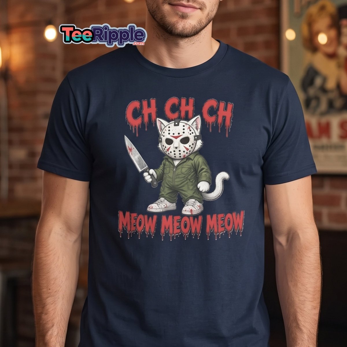 Jason Cat CH CH CH Meow Horror Parody T-Shirt - Maroon - TeeRipple