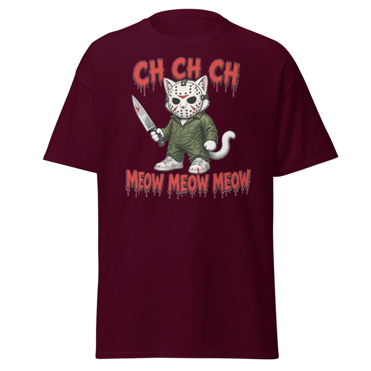 Jason Cat CH CH CH Meow Horror Parody T-Shirt - Maroon - TeeRipple