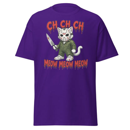 Jason Cat CH CH CH Meow Horror Parody T-Shirt - Purple - TeeRipple