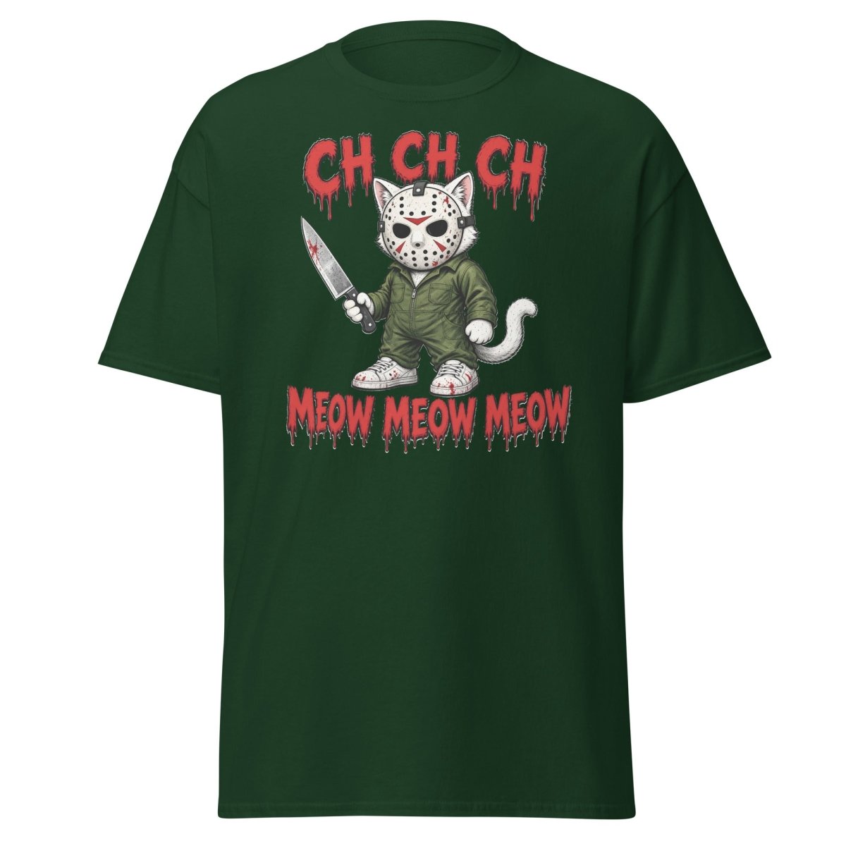 Jason Cat CH CH CH Meow Horror Parody T-Shirt - Forest Green - TeeRipple
