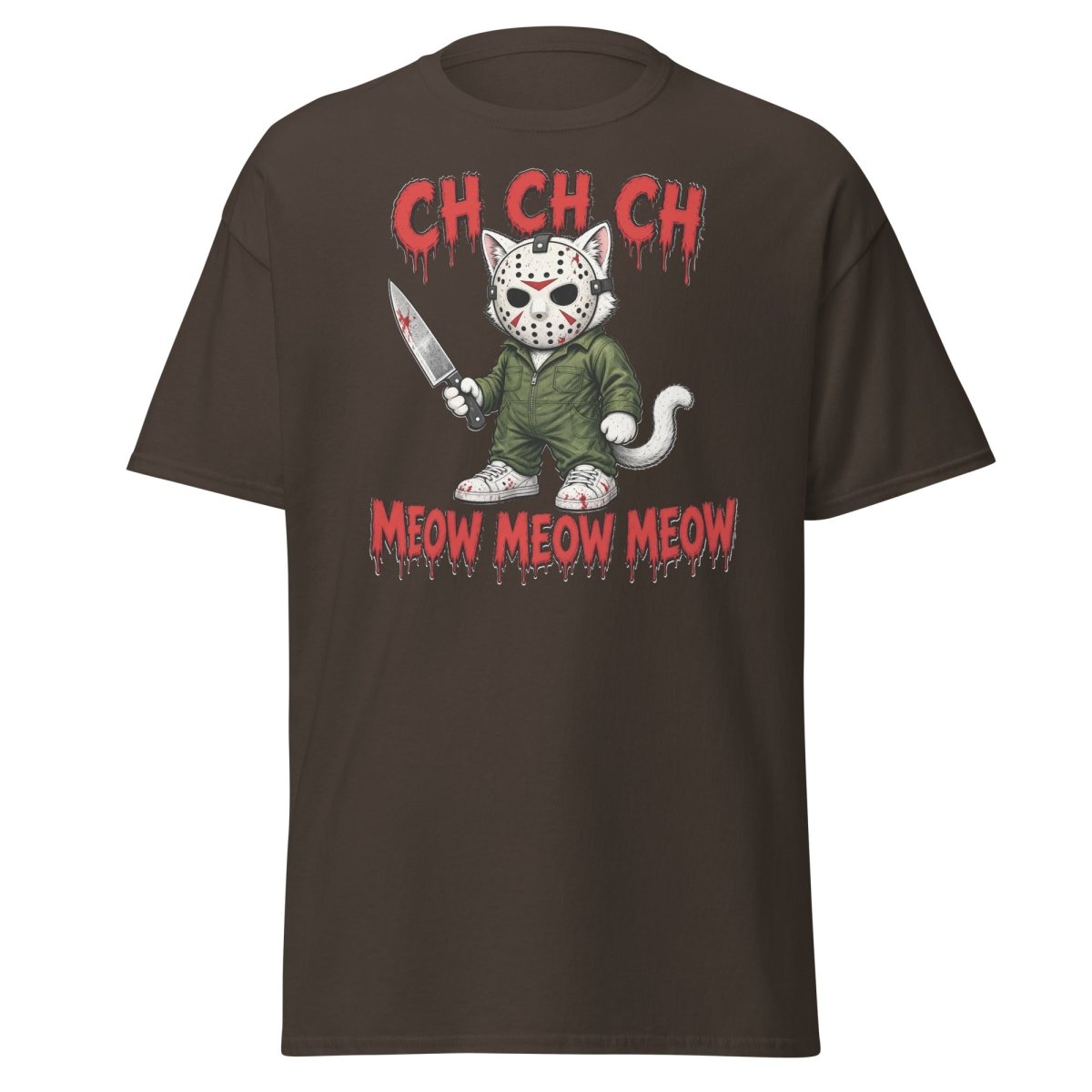 Jason Cat CH CH CH Meow Horror Parody T-Shirt - Dark Chocolate - TeeRipple