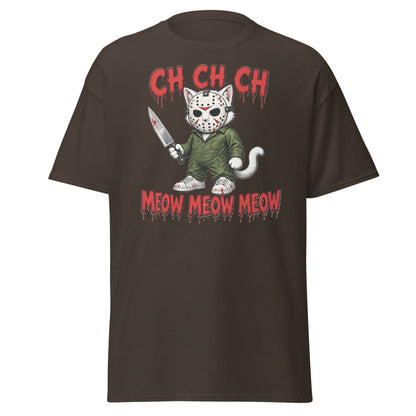 Jason Cat CH CH CH Meow Horror Parody T-Shirt - Dark Chocolate - TeeRipple