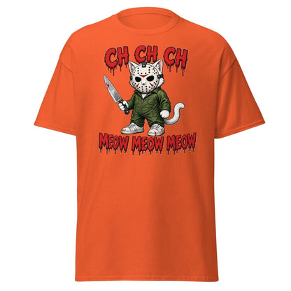 Jason Cat CH CH CH Meow Horror Parody T-Shirt - Orange - TeeRipple